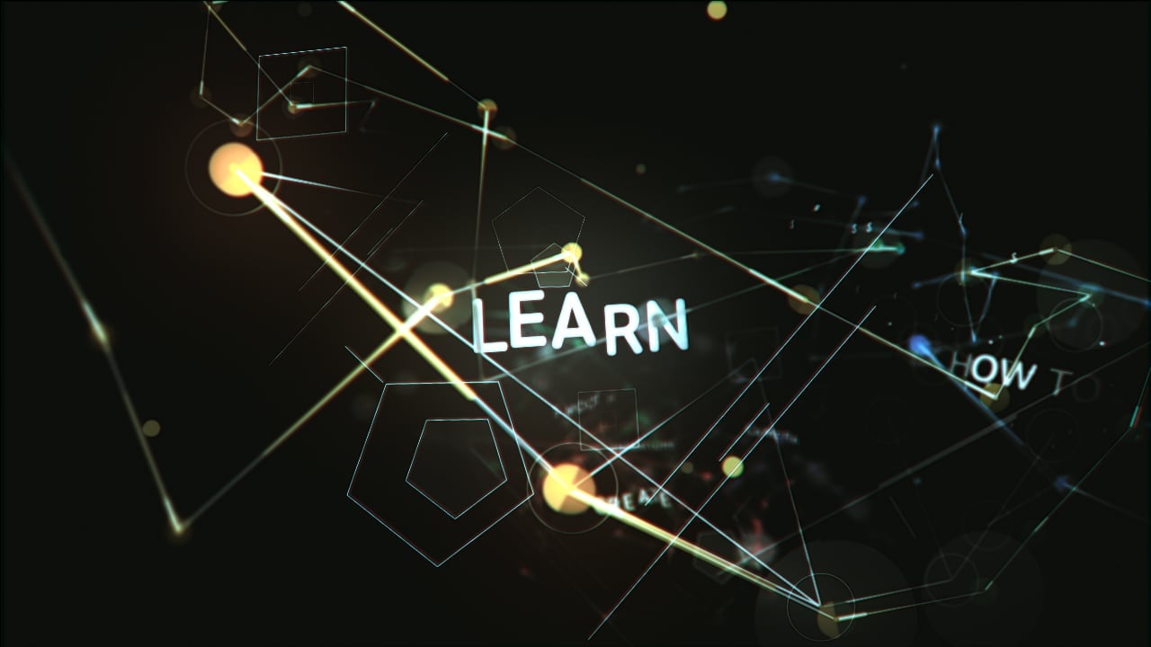 Réseau lumineux composé de points et lignes reliés avec les mots "LEARN" et "HOW TO" flottant dans un espace sombre.