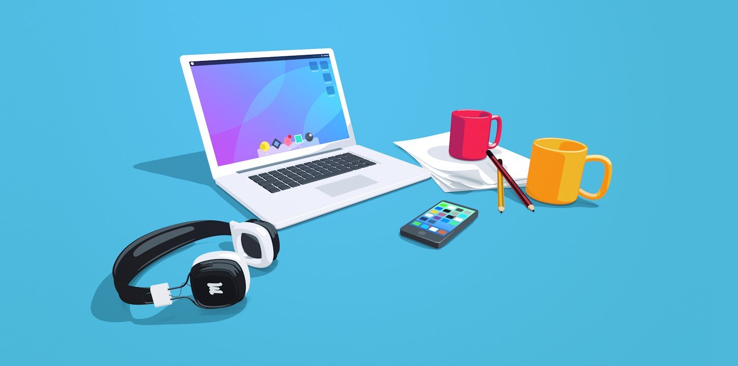Bureau minimaliste avec ordinateur portable blanc, casque audio, smartphone, deux mugs colorés, crayons et feuilles sur fond bleu.