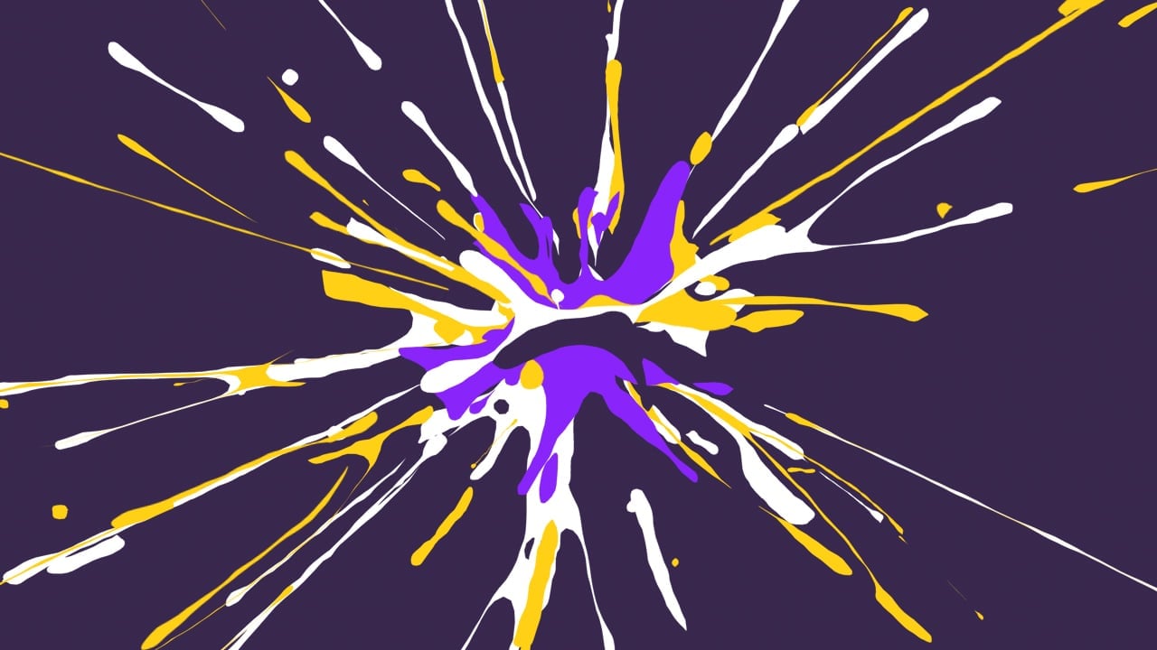 Éclaboussures abstraites de peinture violette, blanche et jaune éclatant sur un fond violet foncé.