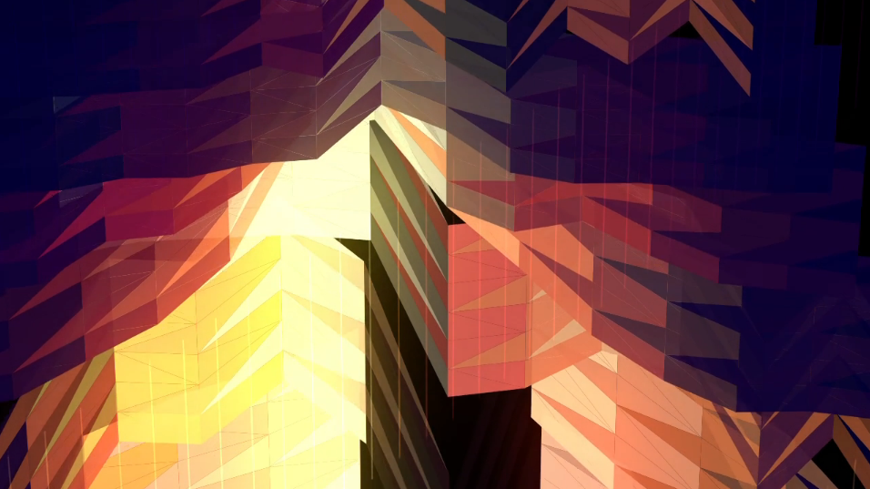 An abstract digital artwork depicting a cityscape with tall buildings illuminated by vibrant yellow, orange, and purple geometric patterns.