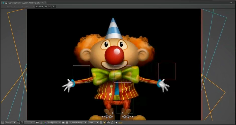 Clown en animation 3D avec un gros nez rouge, cheveux orange bouclés, nœud papillon vert et costume rayé rouge sur fond noir dans un logiciel d'animation.