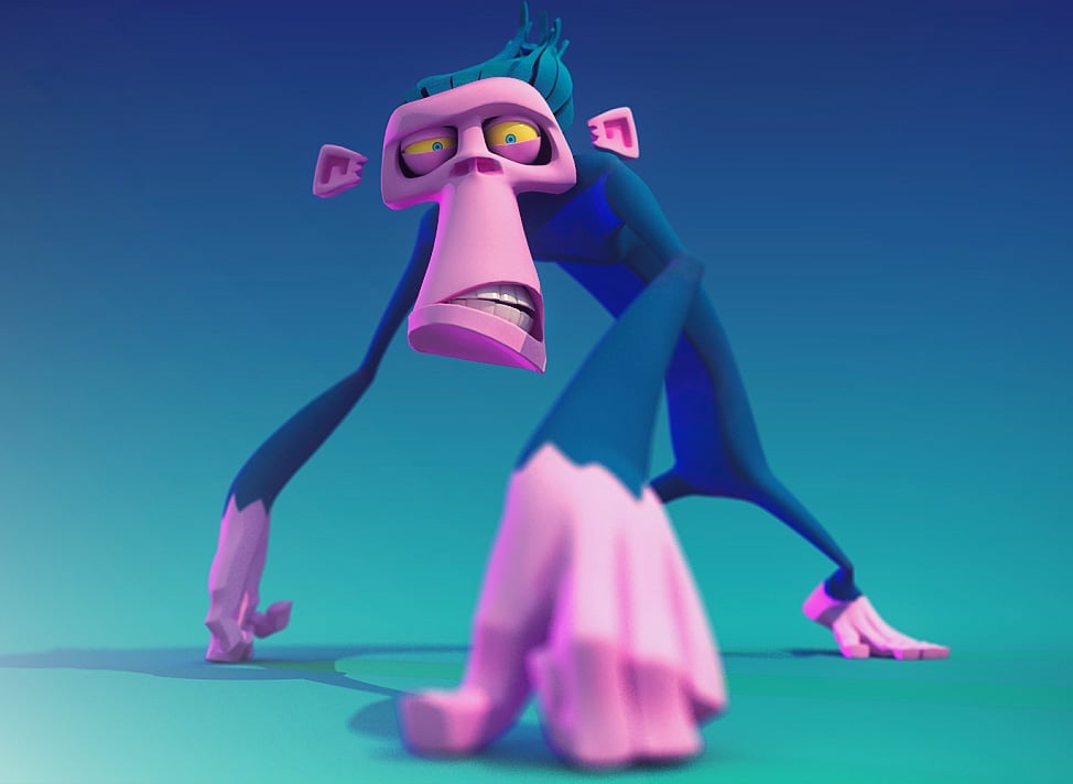 A stylized animated monkey with a pink face and blue body crouches forward with a serious expression against a gradient blue-green background.