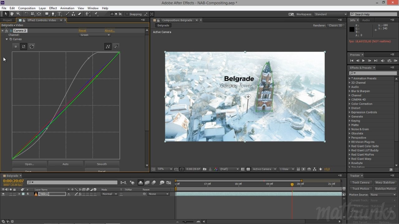 Interface du logiciel Adobe After Effects affichant l'édition d'une composition montrant une tour dans une ville enneigée avec l'étiquette "Belgrade Gardos Tower".