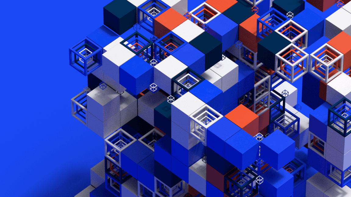 A complex 3D arrangement of interconnected solid and wireframe cubes in blue, white, red, and black set against a solid blue background.