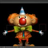 A 3D-rendered cartoon clown with orange hair, a large red nose, a green bow tie, and a striped outfit is displayed in a digital animation software interface.