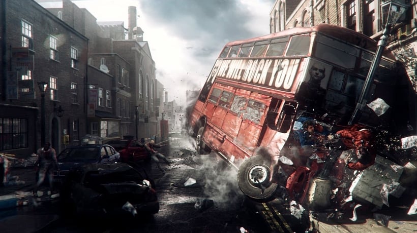 Un bus londonien rouge déraille brutalement dans une rue urbaine sombre, projetant des papiers et heurtant des passants en situation de chaos.