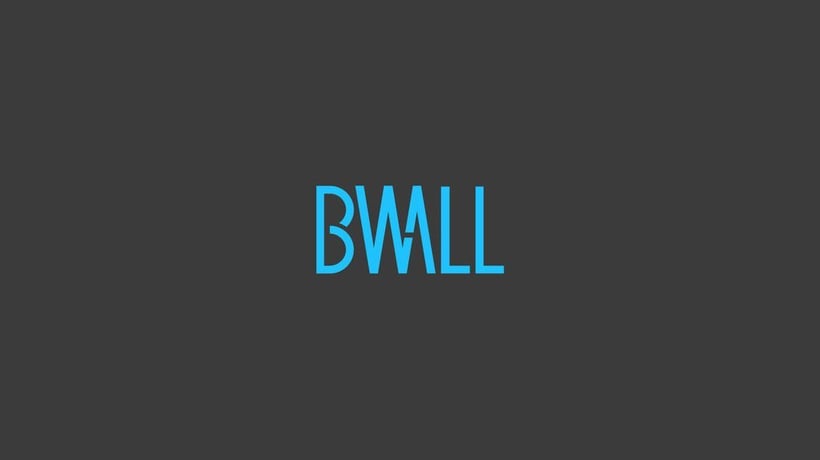 Texte bleu "BWALL" centré sur un fond gris foncé.