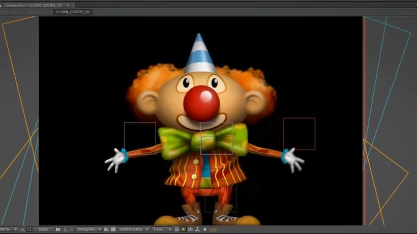 A 3D-rendered cartoon clown with orange hair, a large red nose, a green bow tie, and a striped outfit is displayed in a digital animation software interface.